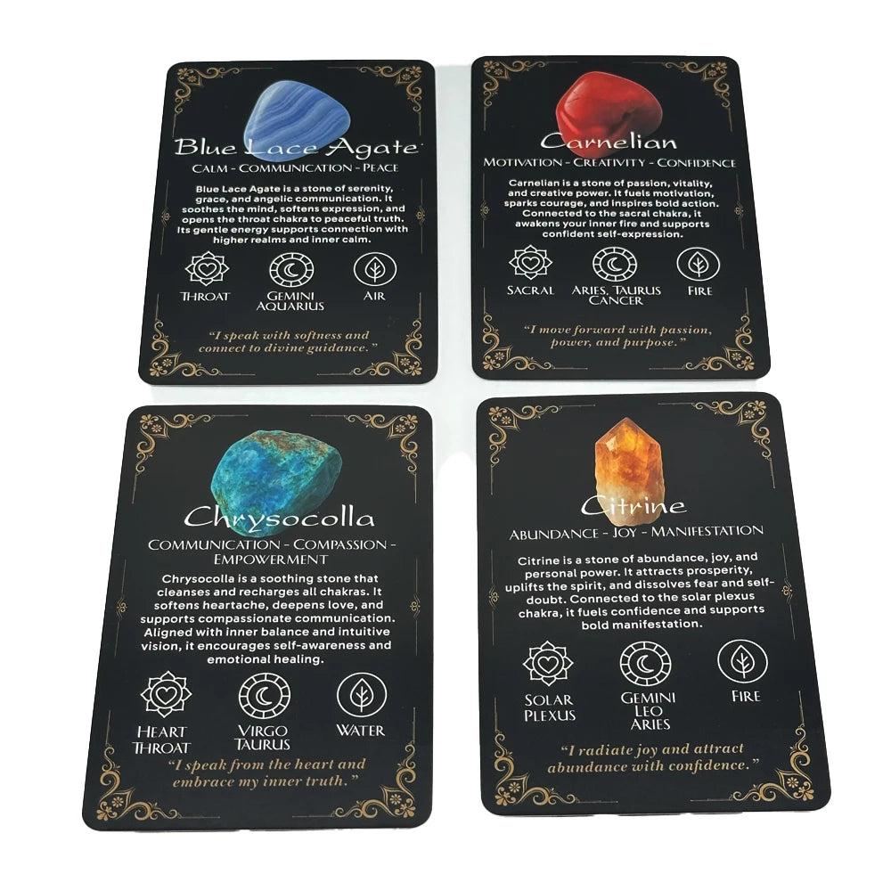 Crystal Path Oracle cards: Blue Lace Agate, Carnelian, Chrysocolla, and Citrine with healing stone wisdom.