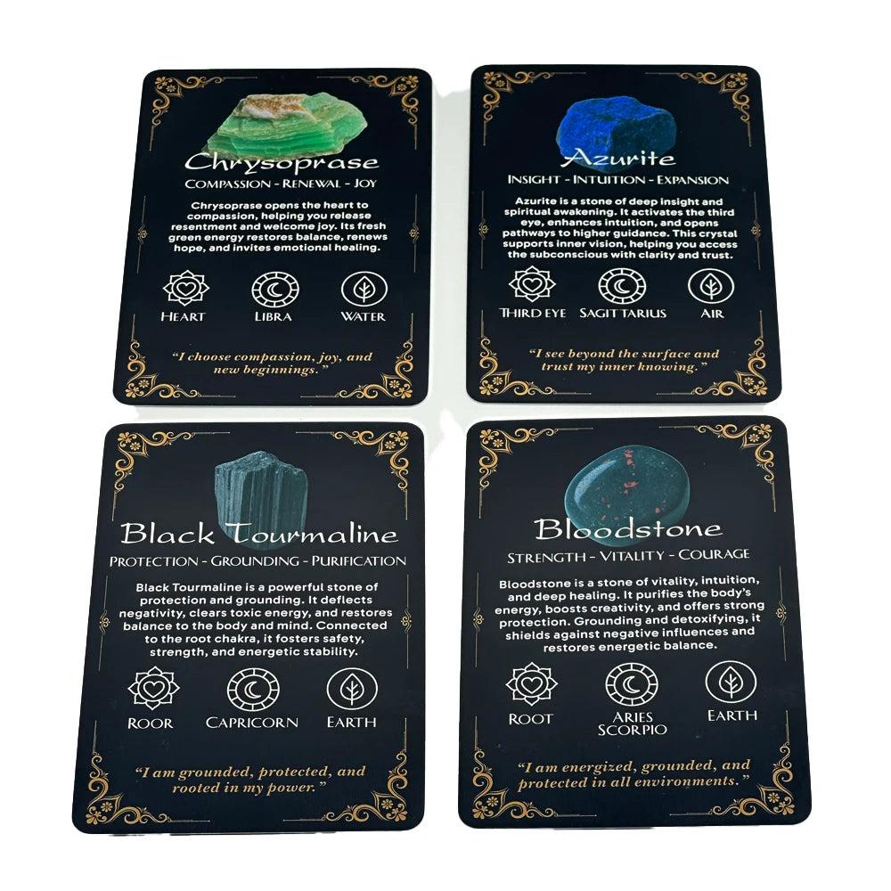 Four Crystal Path Oracle Cards: Chrysoprase, Azurite, Black Tourmaline, and Bloodstone, featuring healing stone wisdom.