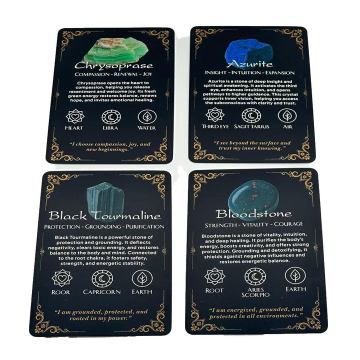 Four Crystal Path Oracle Cards: Chrysoprase, Azurite, Black Tourmaline, and Bloodstone, featuring healing stone wisdom.