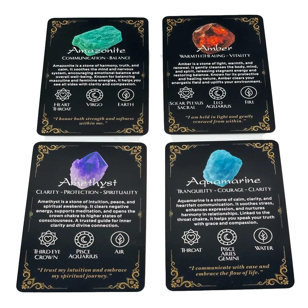 Four Crystal Path Oracle Cards: Amazonite, Amber, Amethyst, and Aquamarine, showcasing healing stone wisdom and divination.