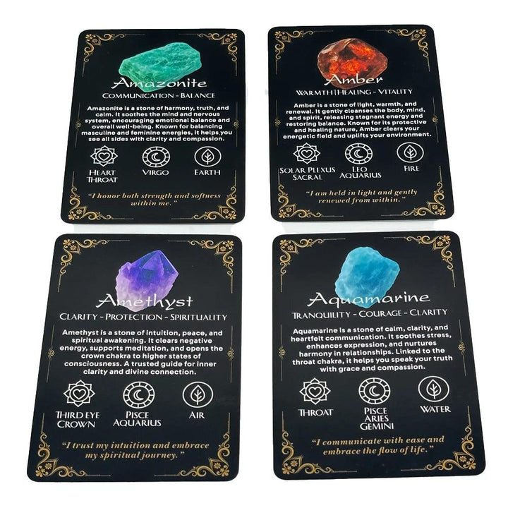 Four Crystal Path Oracle Cards: Amazonite, Amber, Amethyst, and Aquamarine, showcasing healing stone wisdom and divination.