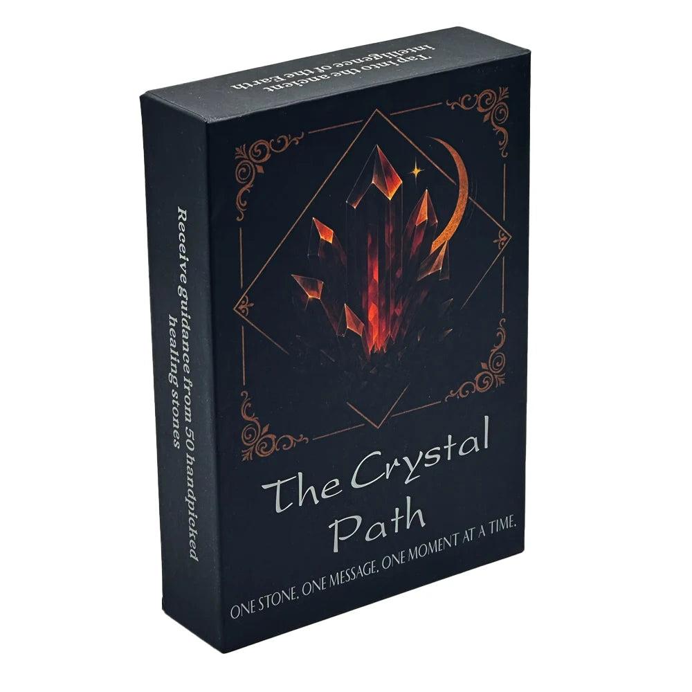 Crystal Path Oracle Cards: 50-card healing stone deck with vibrant crystal art on a black box.