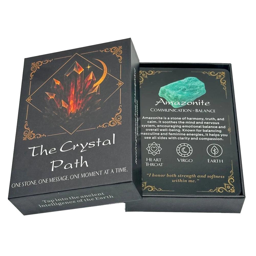 Crystal Path Oracle Cards: 50-card healing stone deck with Amazonite card, featuring vivid imagery and wisdom messages.