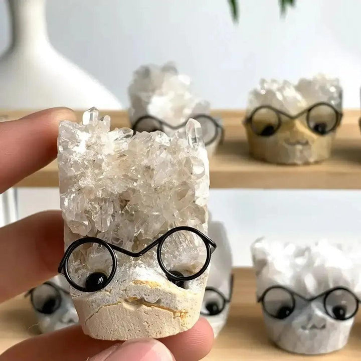 Sparkling Crystal Cluster Pet Figurine with tiny glasses, a unique desk companion or quirky gift.