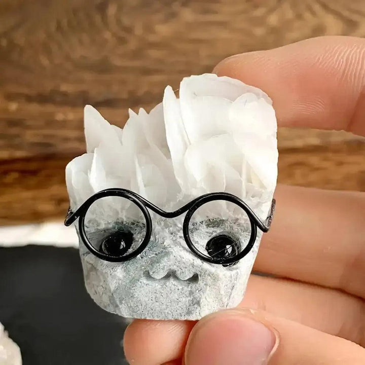 Sparkling white Cluster crystal pet figurine with tiny black glasses, a delightful desk companion or quirky gift.