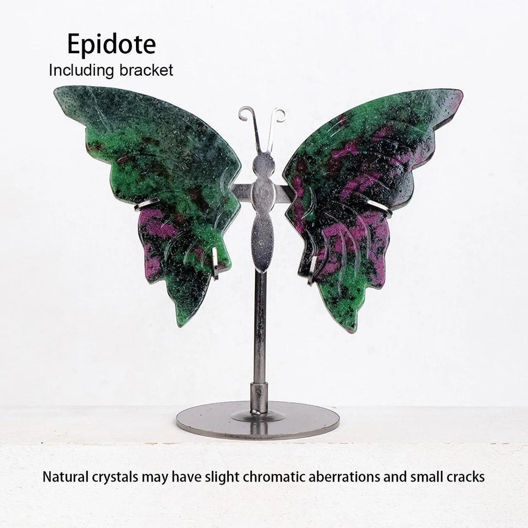 Polished Epidote crystal butterfly wings with vibrant green and deep pink hues, displayed on a silver metal stand.