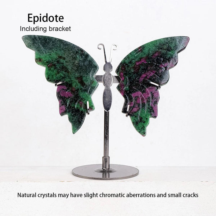Polished Epidote crystal butterfly wings with vibrant green and deep pink hues, displayed on a silver metal stand.