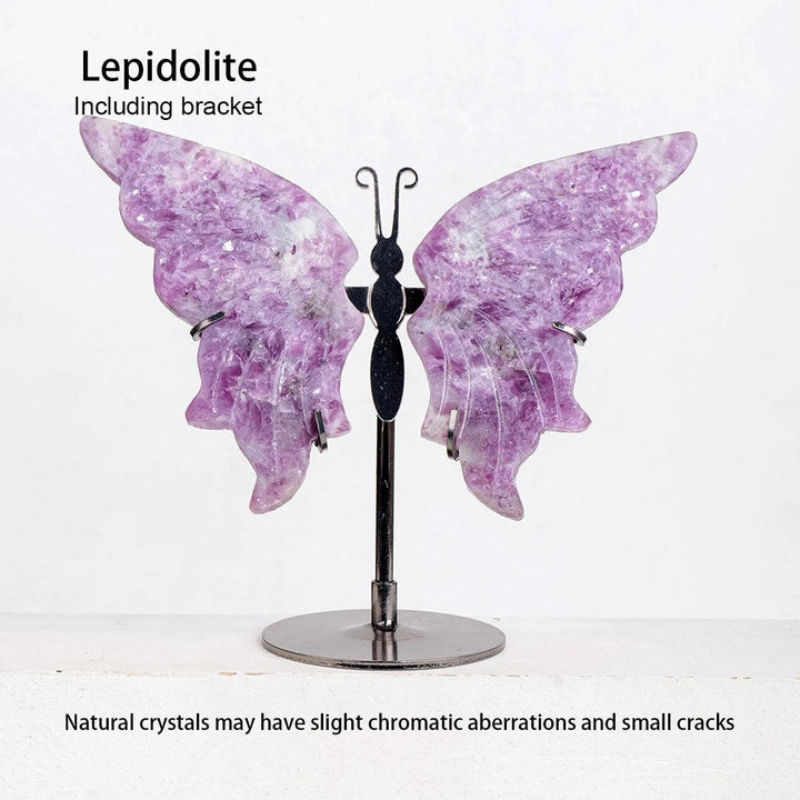 Polished Lepidolite crystal butterfly wings, displaying vibrant purple hues on a dark metal stand.