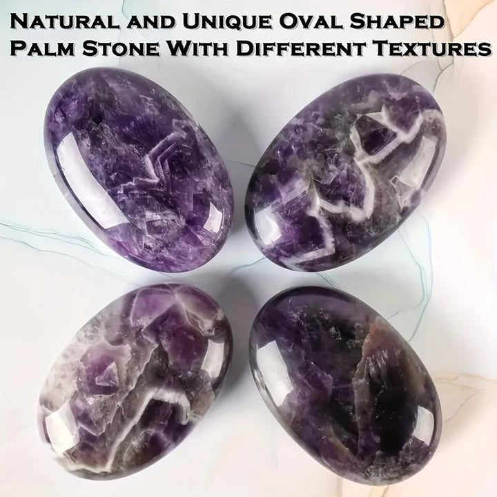 Polished purple amethyst natural crystal palm stones with unique white chevron patterns.