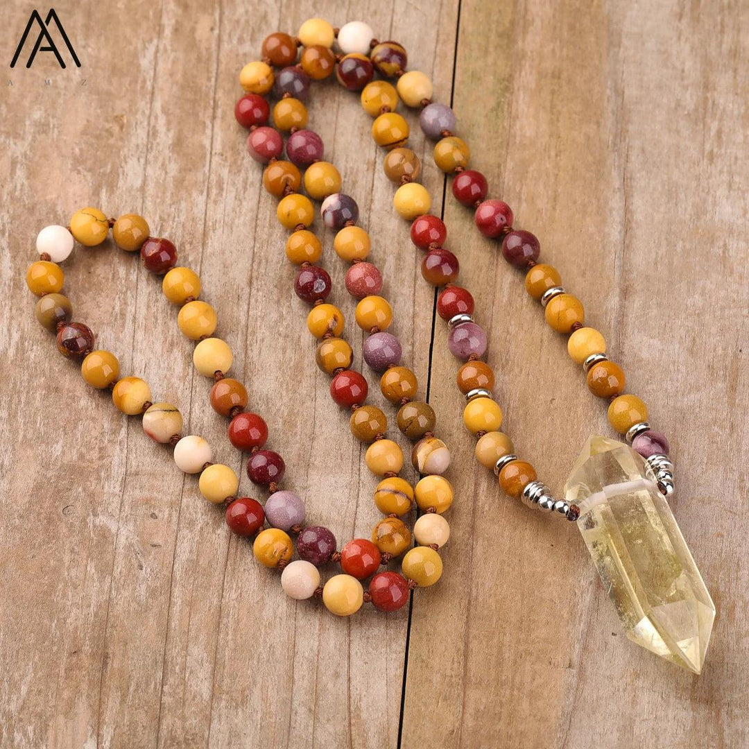Citrine Quartz 108 Mala Bead Pendant Necklace with warm multi-colored beads and a double point crystal pendant.