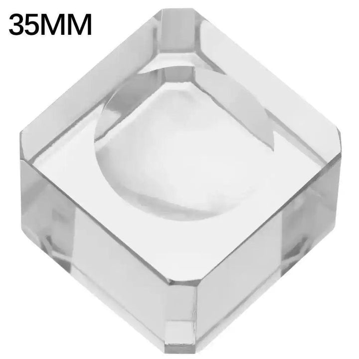 35mm clear acrylic square display stand with a concave sphere holder, perfect for showcasing crystal spheres.