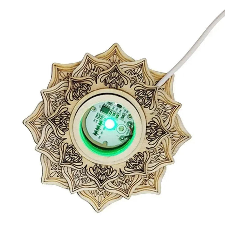 Elegant wooden lotus LED light base for crystal sphere display, showcasing intricate carvings and a vibrant green glow.