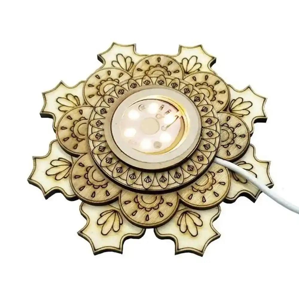 Elegant wooden mandala LED light display stand for crystal spheres, gemstones, or miniature stones.