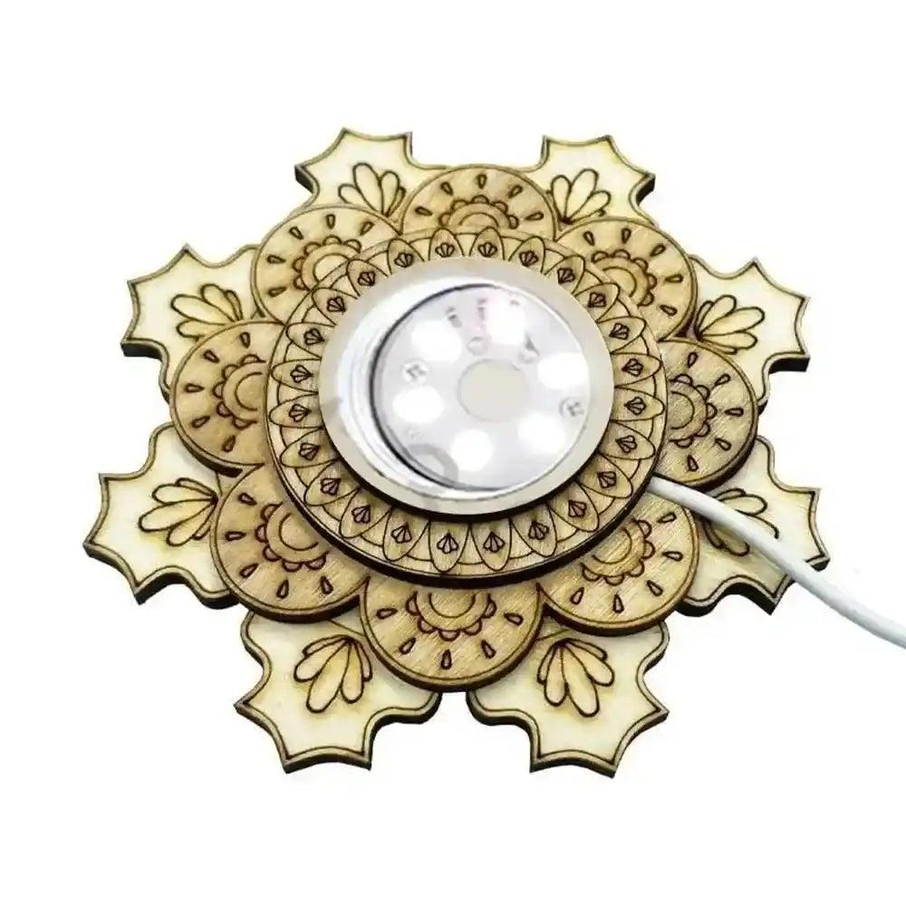 Elegant wooden mandala LED light base for crystal spheres, enhancing natural beauty and creating a focal point.