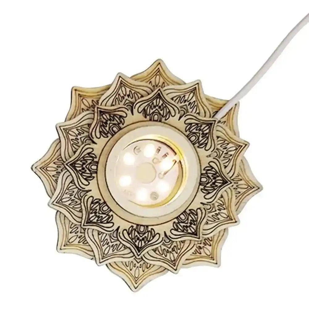 Elegant wooden lotus flower LED light base for crystal sphere display stands, enhancing natural beauty.