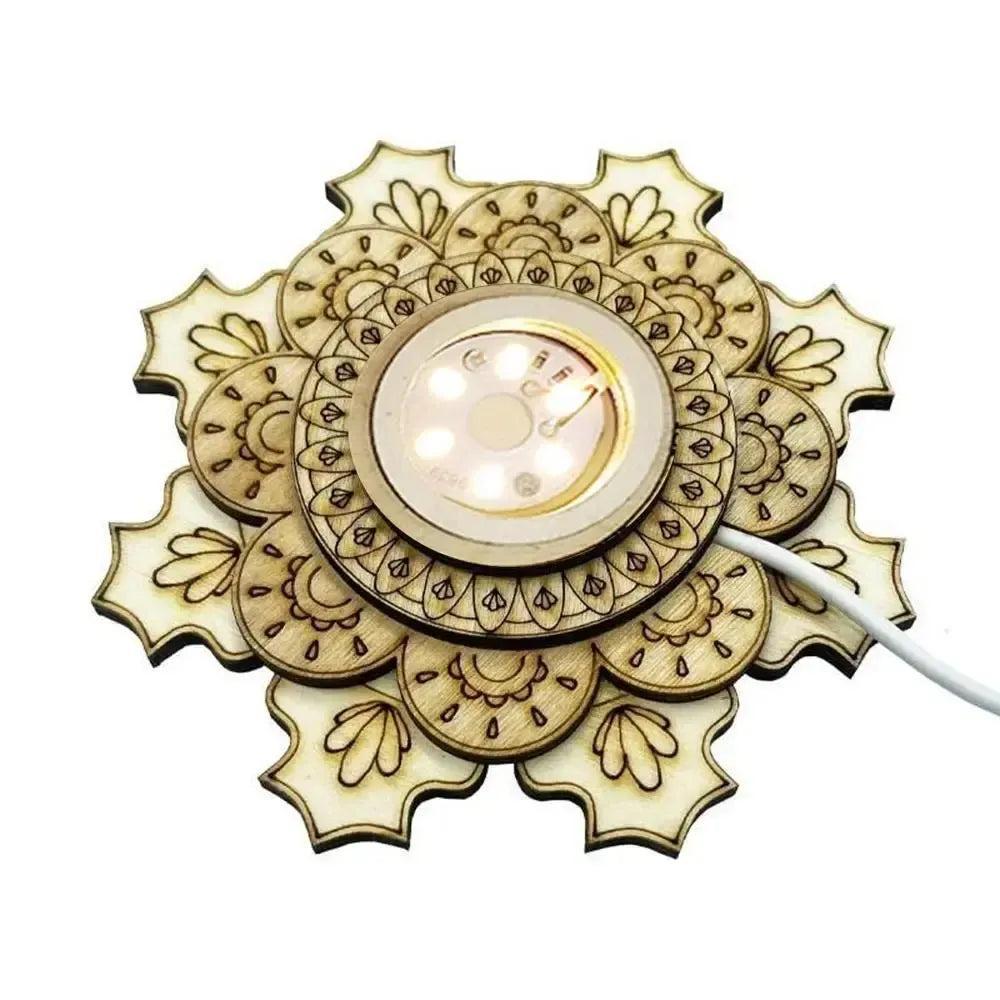 Elegant wooden mandala LED light base for crystal spheres, enhancing their natural beauty and creating a serene ambiance.