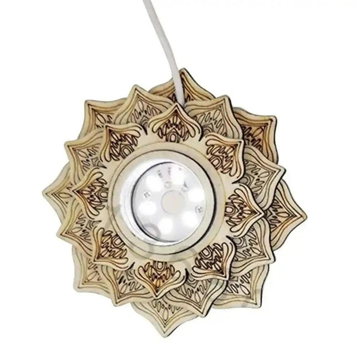 Elegant wooden lotus light base for crystal spheres, enhancing natural beauty and creating a serene display.