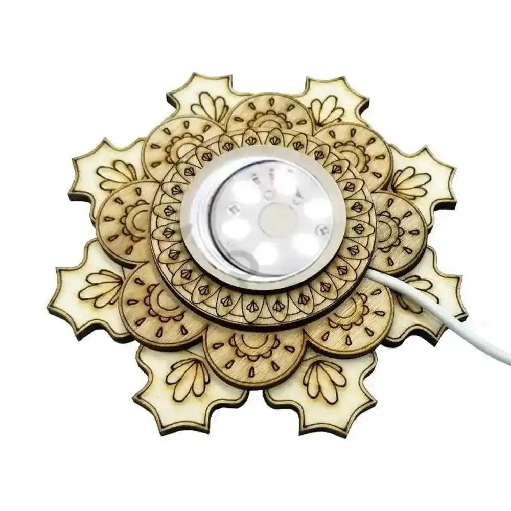 Elegant wooden mandala LED light stand for crystal spheres, enhancing natural beauty and creating a focal point.
