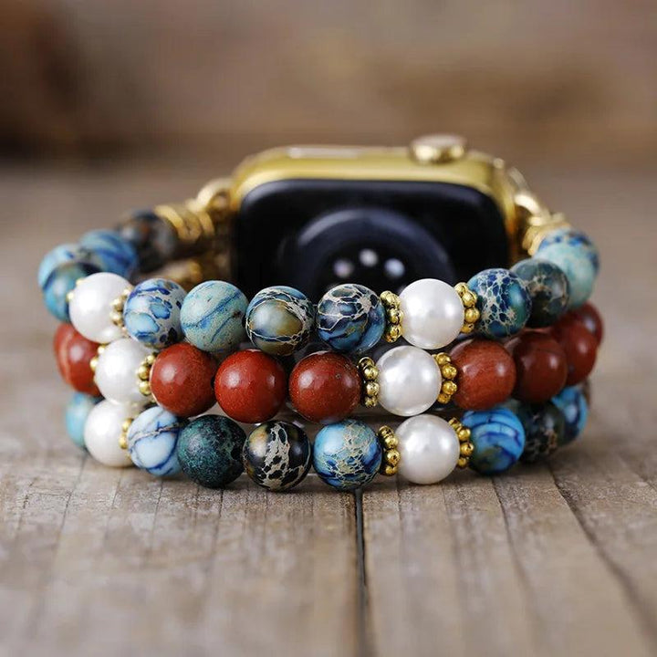 Crystal Stone Apple Watch band with three rows of colorful jasper beads and white pearls, gold accents.