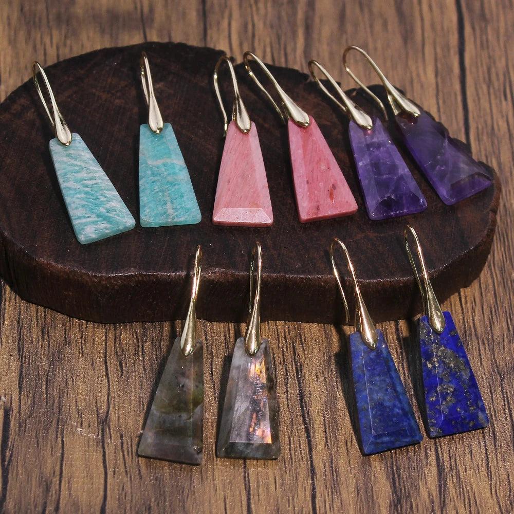 Faceted trapezoidal crystal drop earrings in amazonite, rhodochrosite, amethyst, labradorite, and lapis lazuli.