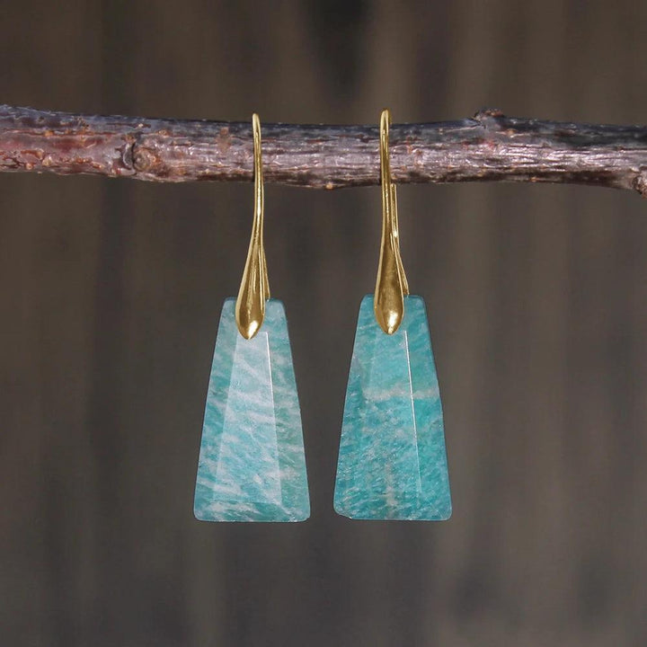 Amazonite Crystal Stone Faceted Drop Earrings, teal trapezoidal stones with gold hooks, supporting the Throat Chakra.