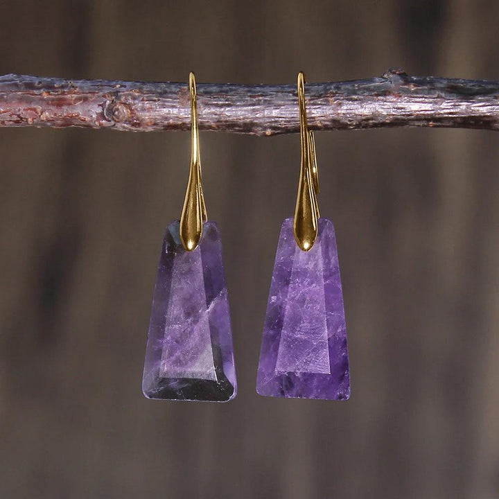 Amethyst Crystal Stone Faceted Drop Earrings with gold hooks, supporting Third Eye Chakra for intuition and clarity.