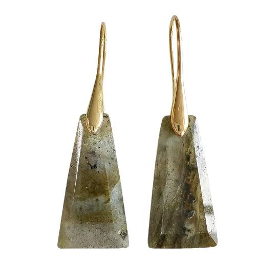 Gold-tone faceted labradorite drop earrings, supporting the Third Eye Chakra for intuition and clarity.