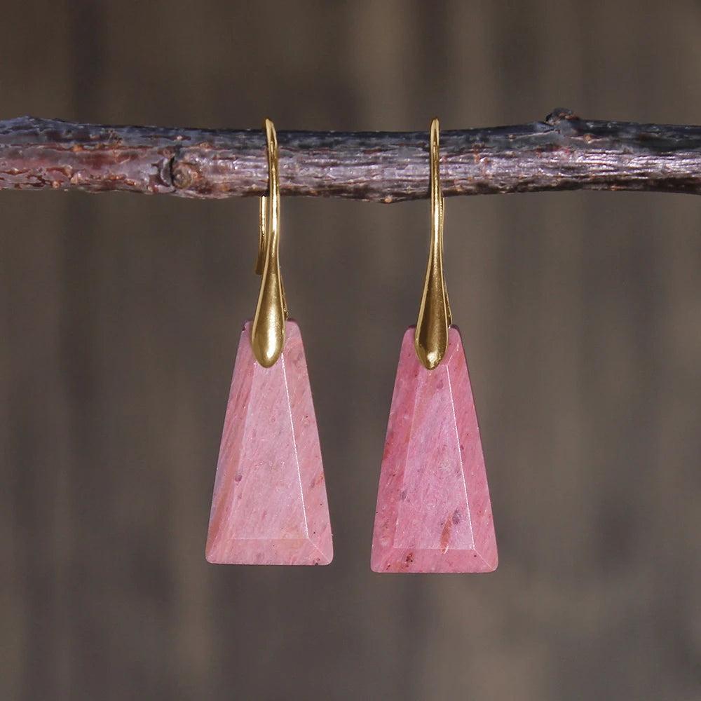 Rhodochrosite Crystal Stone Faceted Drop Earrings with gold hooks, activating the Heart Chakra for love and compassion.