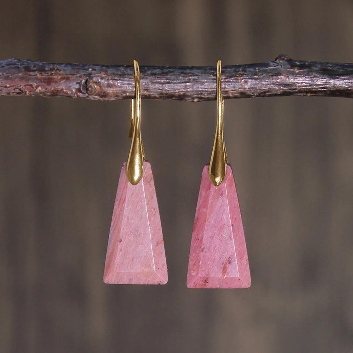 Rhodochrosite Crystal Stone Faceted Drop Earrings with gold hooks, activating the Heart Chakra for love and compassion.