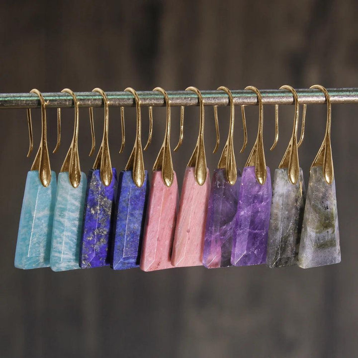 Faceted drop earrings with genuine crystal stones: amazonite, lapis lazuli, rhodochrosite, amethyst, and labradorite.