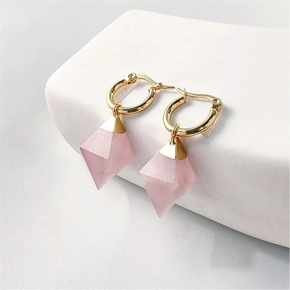 Rose Quartz Crystal Stone Hoop Earrings. Gold-plated hoops with heart-opening pink crystal.