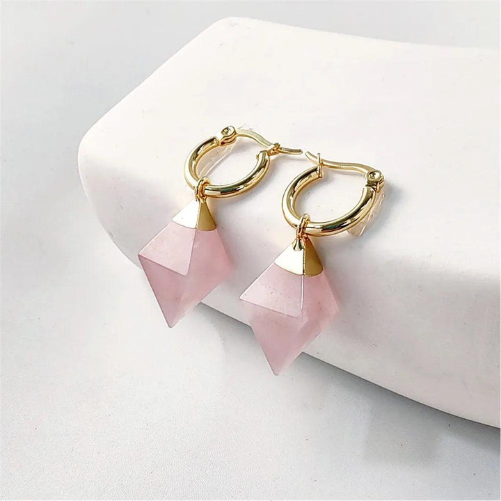 Rose Quartz Crystal Stone Hoop Earrings. Gold-plated hoops with heart-opening pink crystal.