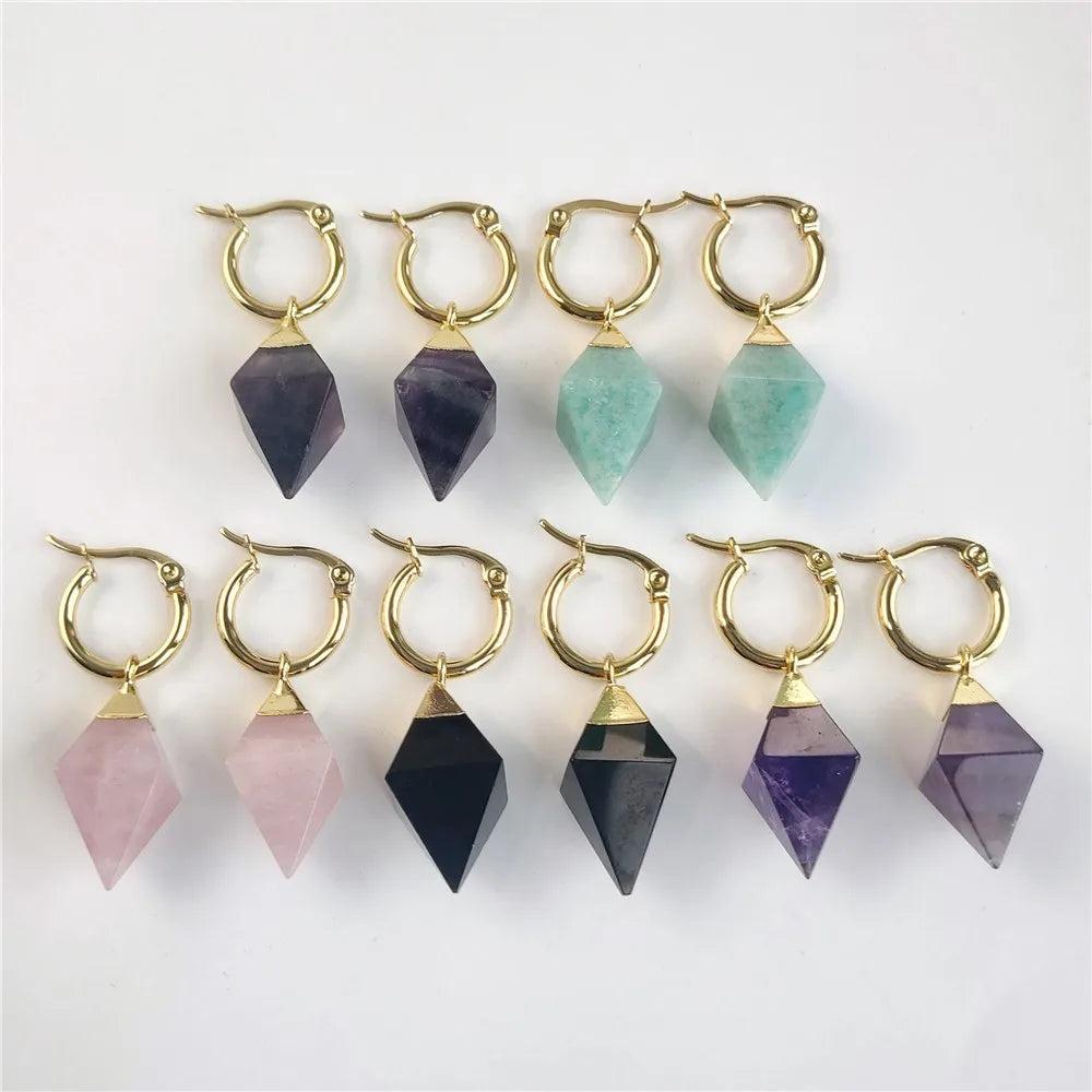 Gold hoop earrings with genuine crystal stone drops: fluorite, amazonite, rose quartz, obsidian, and amethyst.
