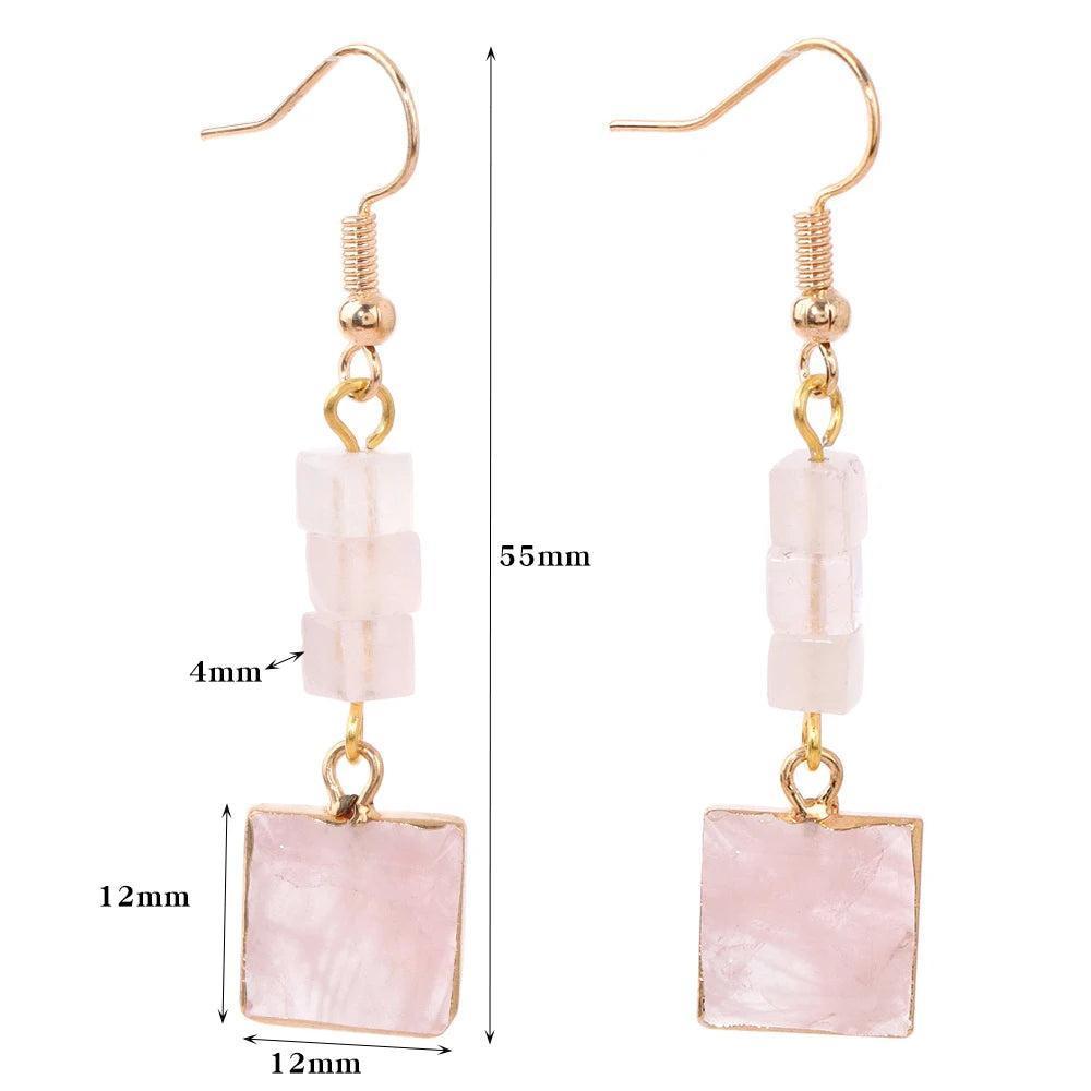 Trendy Square Rose Quartz Drop Dangle Earrings, featuring natural pink square pendants and delicate cube stones on gold-tone hooks.