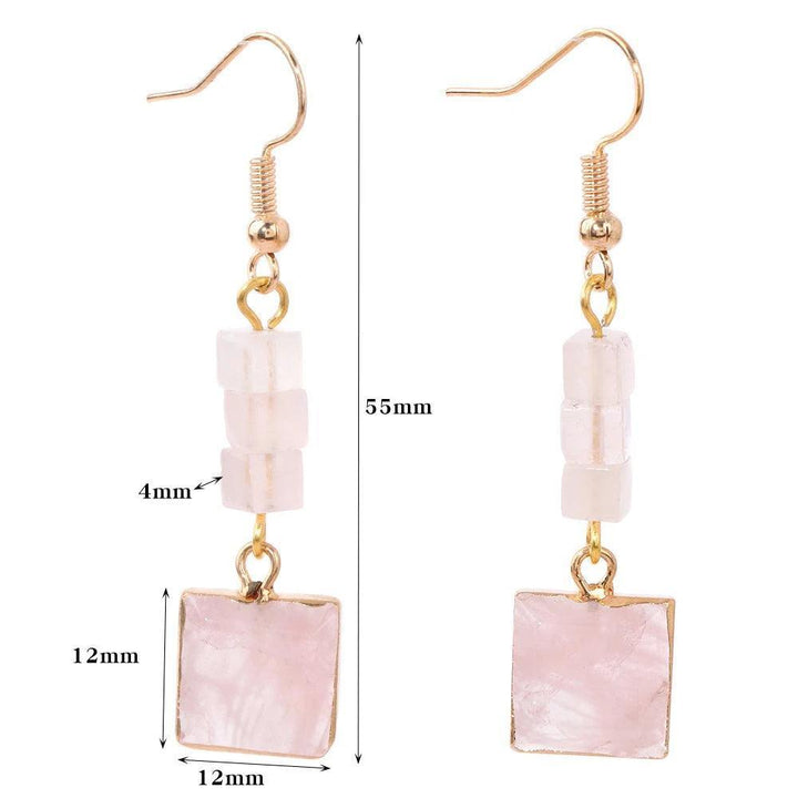 Trendy Square Rose Quartz Drop Dangle Earrings, featuring natural pink square pendants and delicate cube stones on gold-tone hooks.