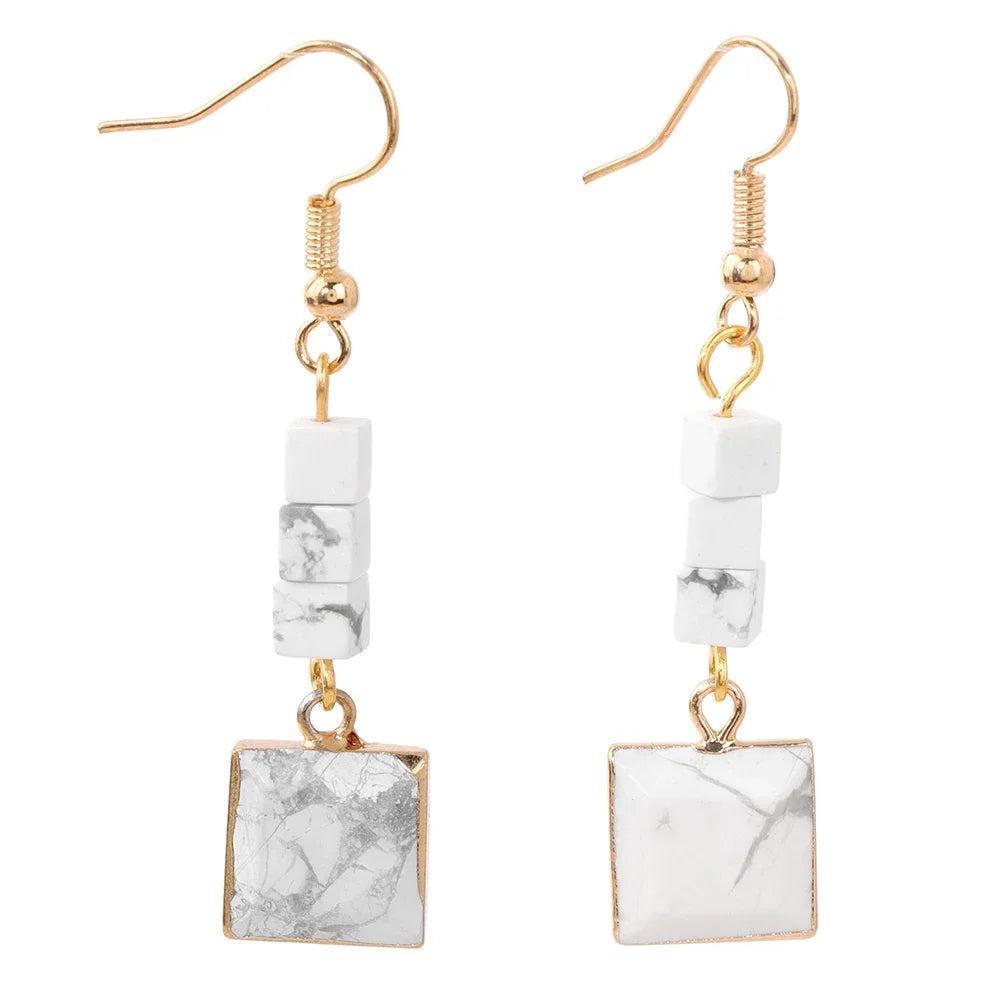 Trendy Square Howlite Stone Pendant Dangle Earrings, gold-tone alloy with white marbled howlite for women.
