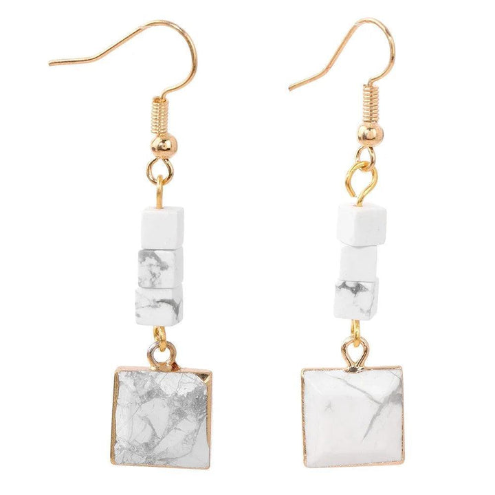 Trendy Square Howlite Stone Pendant Dangle Earrings, gold-tone alloy with white marbled howlite for women.