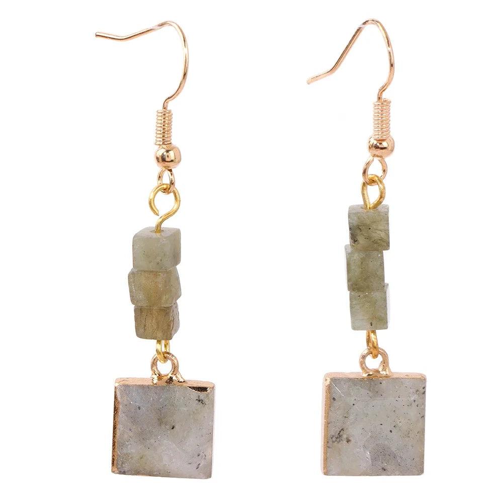 Trendy Square Stone Pendant Earrings with natural grey Howlite, Amazonite, and Quartzs, featuring gold-tone alloy hooks.