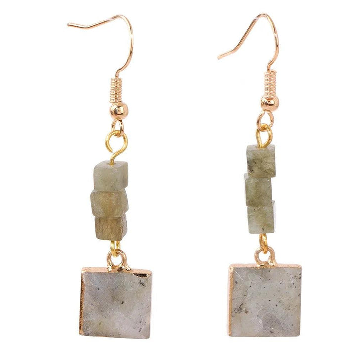 Trendy Square Stone Pendant Earrings with natural grey Howlite, Amazonite, and Quartzs, featuring gold-tone alloy hooks.