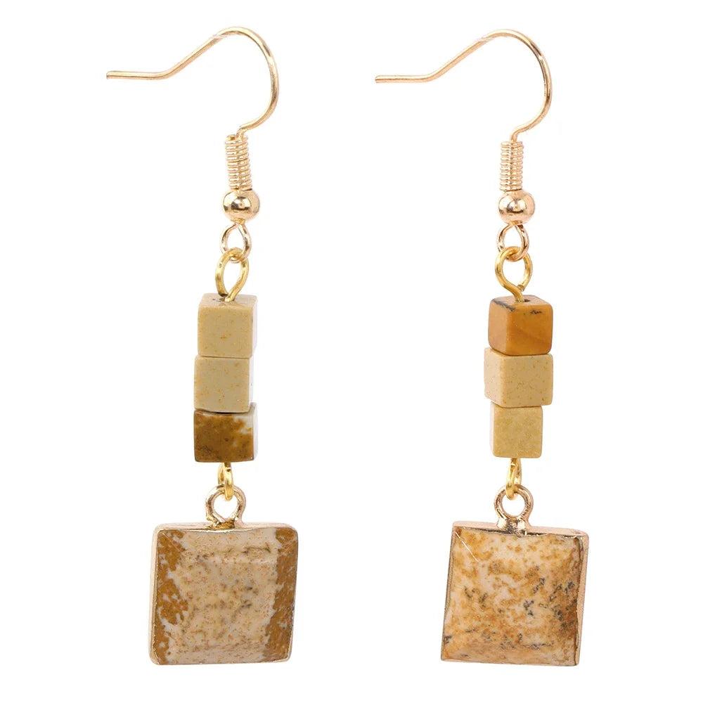 Trendy Square Stone Pendant Earrings with natural howlite, amazonite, and quartzs drop dangle, perfect gift for women.