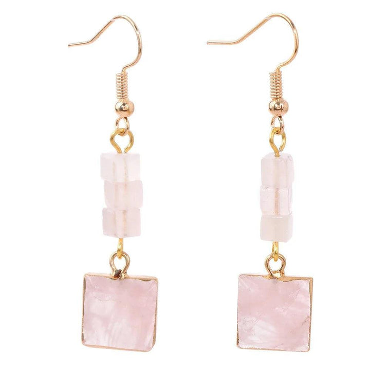 Trendy Square Rose Quartz Drop Dangle Earrings, featuring natural pink square stones and delicate gold-tone accents.