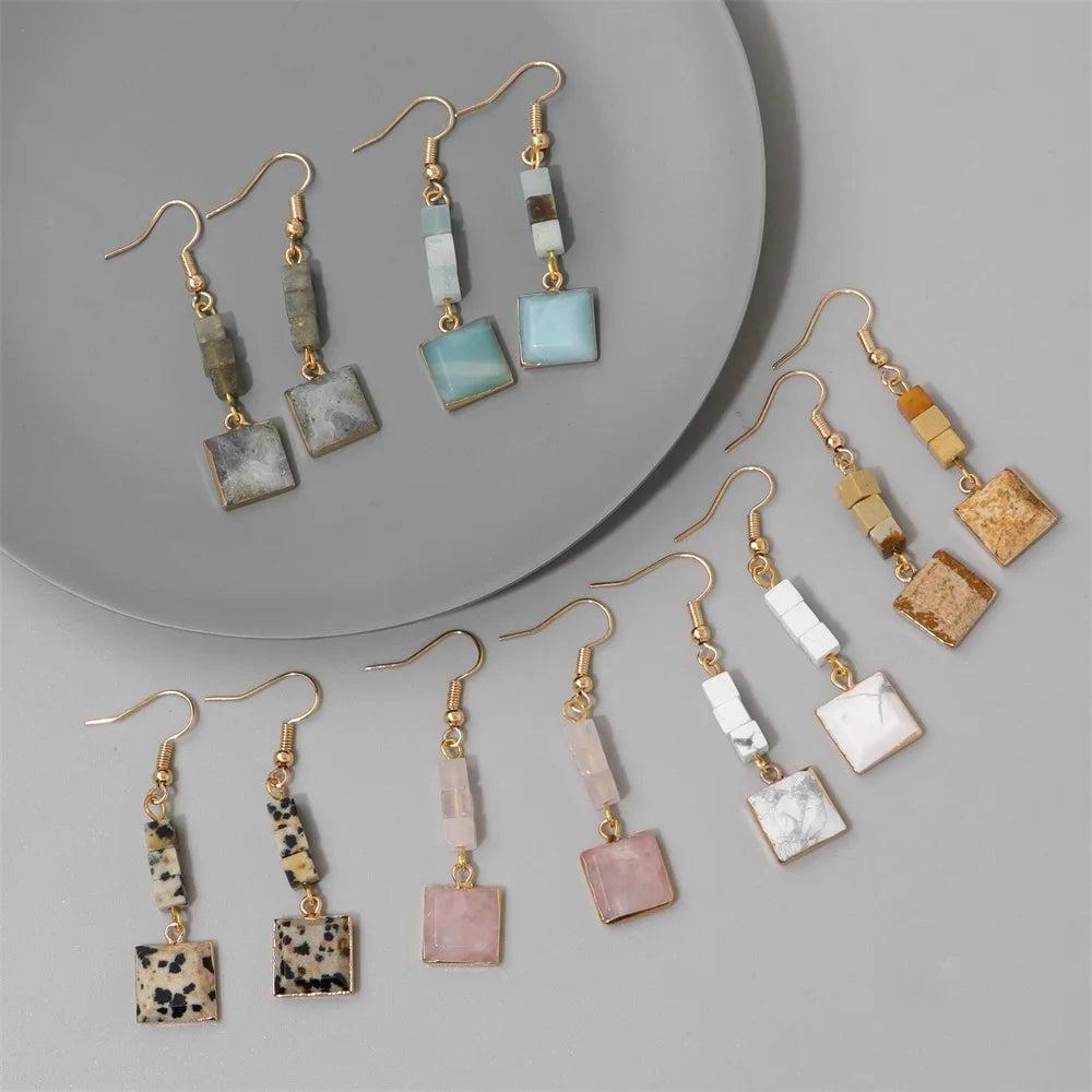 Trendy Square Stone Pendant Earrings with natural Howlite, Amazonite, and Quartzs drop dangle designs.
