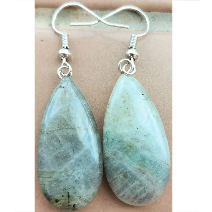 Labradorite Crystal Stone Teardrop Drop Earrings. Genuine crystal stones for intuition and clarity.