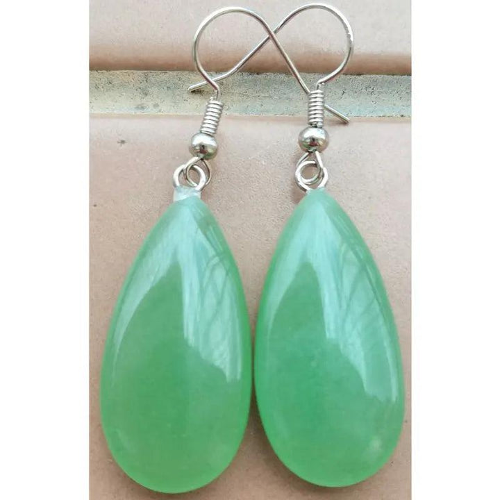 Aventurine Crystal Stone Teardrop Drop Earrings. Green water-drop silhouette, copper wire setting, opens the Heart Chakra.