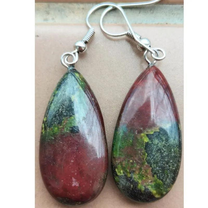 Dragon's Blood Jasper teardrop drop earrings, copper wire set, for grounding and confidence.