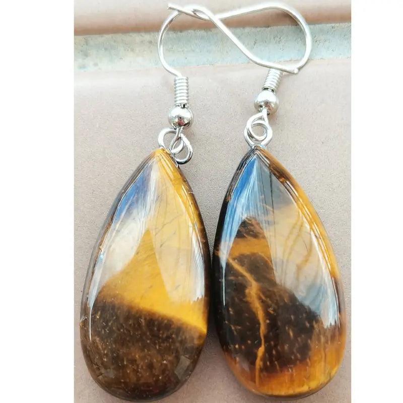 Tiger's Eye Crystal Stone Teardrop Drop Earrings. Warm confidence and grounding brown-gold stones with silver hooks.
