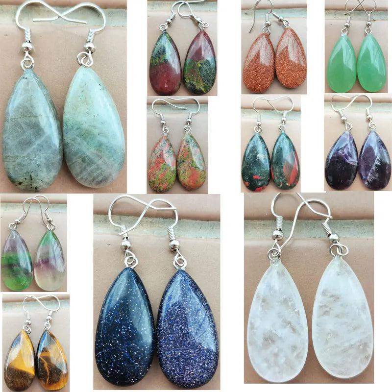 Crystal Stone Teardrop Drop Earrings: Multi-stone variety, including labradorite, aventurine, tiger's eye, and amethyst.