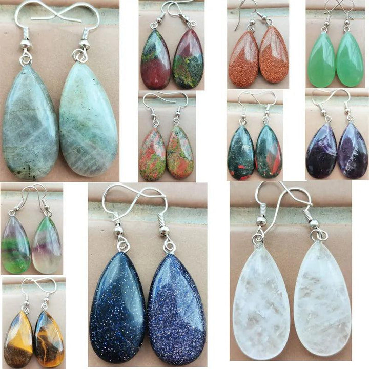 Crystal Stone Teardrop Drop Earrings: Multi-stone variety, including labradorite, aventurine, tiger's eye, and amethyst.
