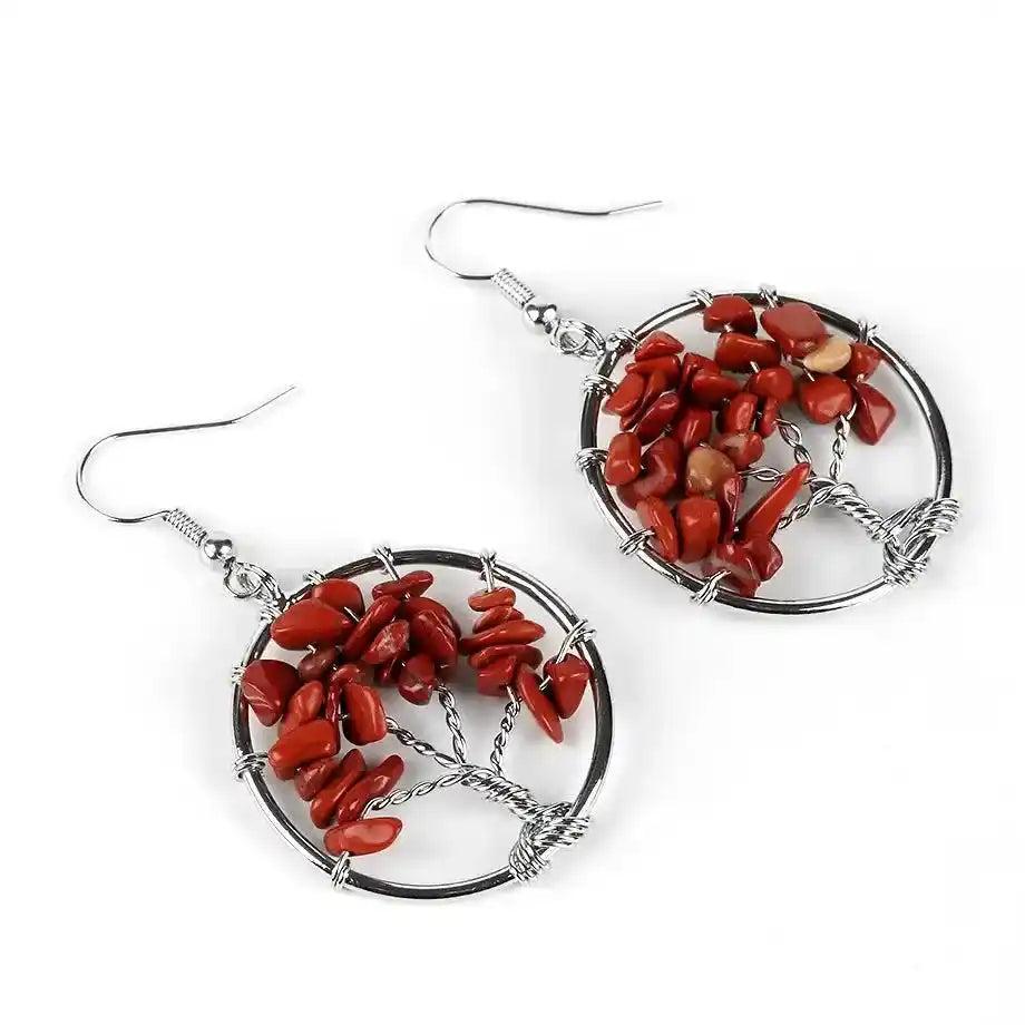 Tree of Life Crystal Drop Earrings with vibrant red jasper stones, symbolizing growth and positive energy.