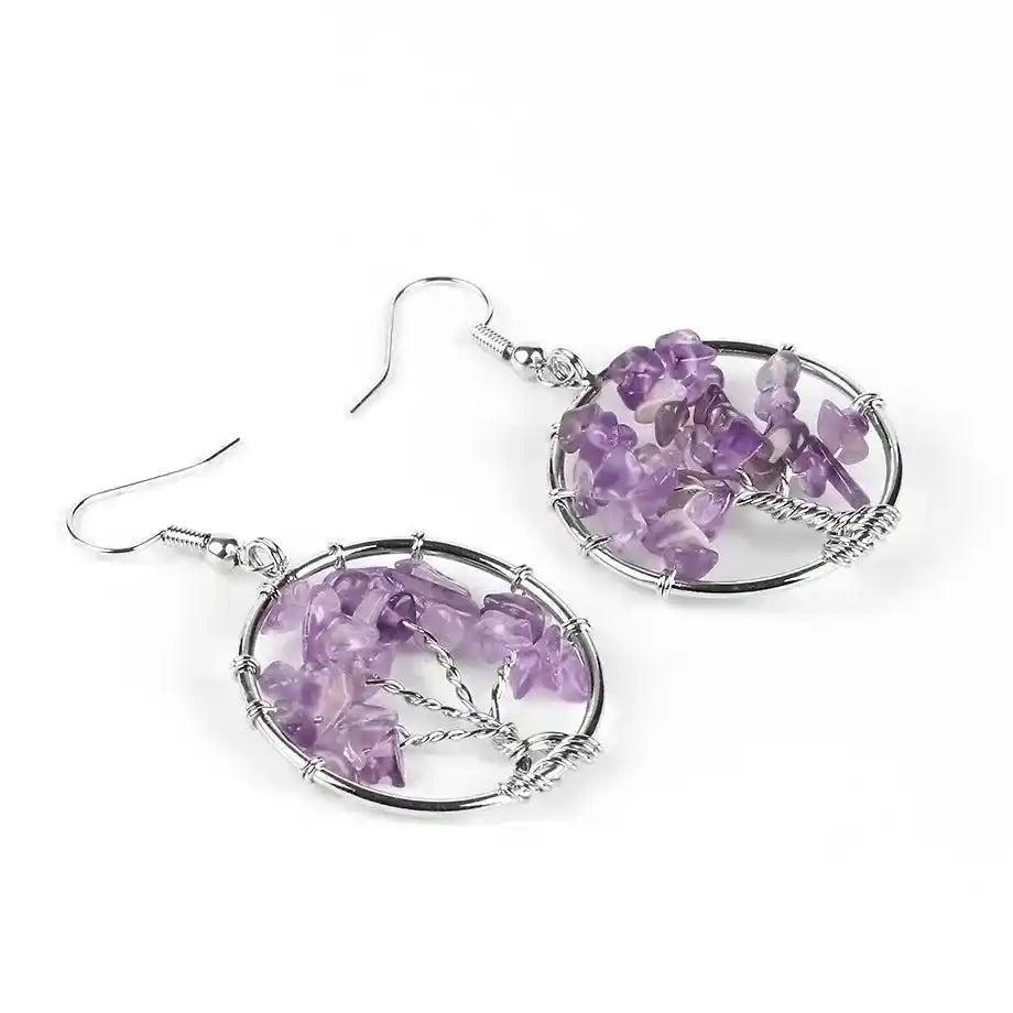 Tree of Life Crystal Drop Earrings with vibrant purple amethyst gemstones, symbolizing growth and positive energy.